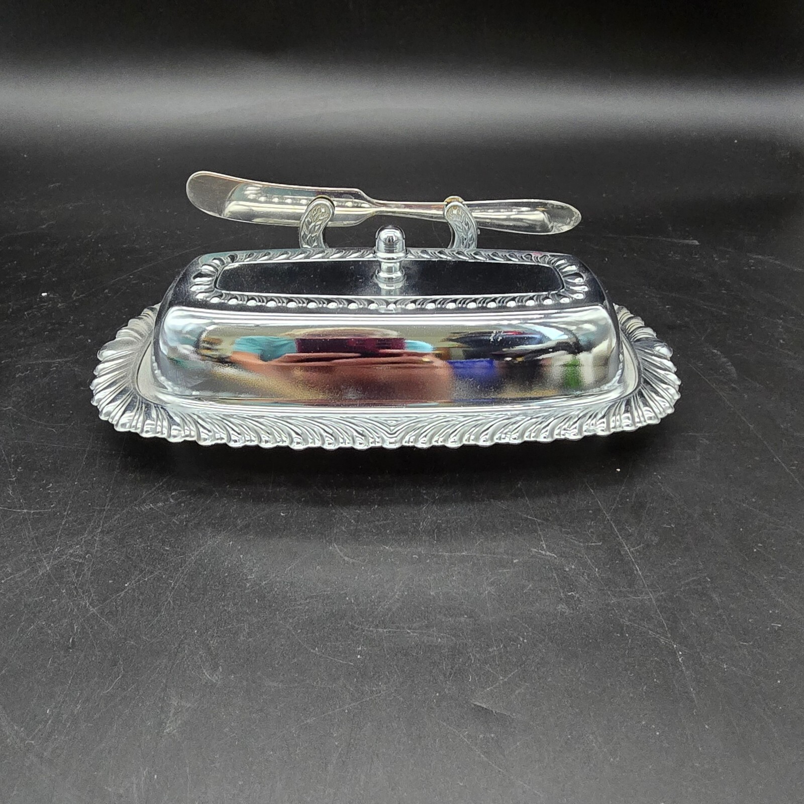 Vintage Irvinware Chrome Butter Dish Covered Set with Spreader Glass Liner USA