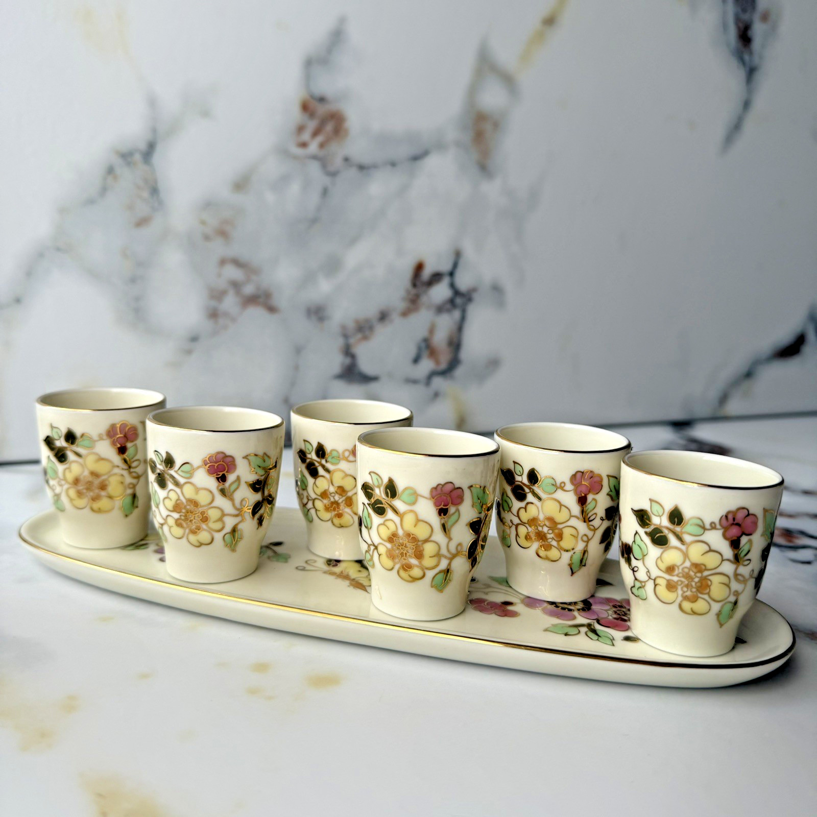 Zsolnay Hungary Pecs Hand Painted Porcelain 6 Shot Glasses Tray Butterfly Garden Zsolnay Hungary Pecs Hand Painted Porcelain 6 Shot Glasses Tray Butterfly Garden