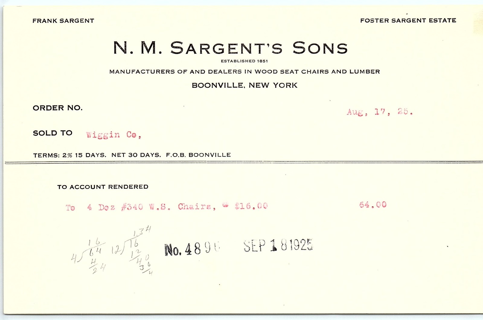 1925 N.M. Sargent\'s Sons Boonville NY Chair & Lumber Billhea