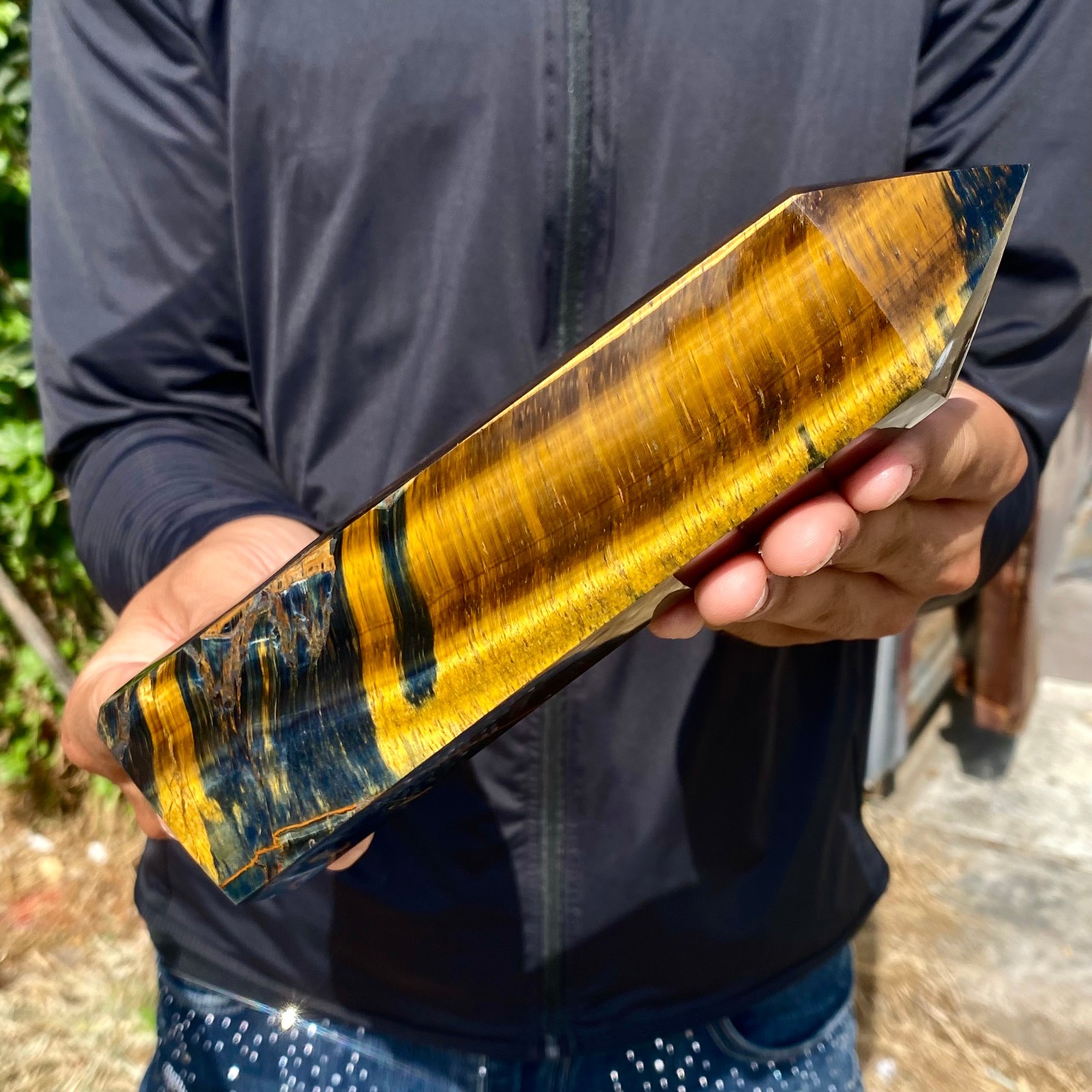 2.14LB Natural Tiger’s eye obelisk quartz crystal point wand healing