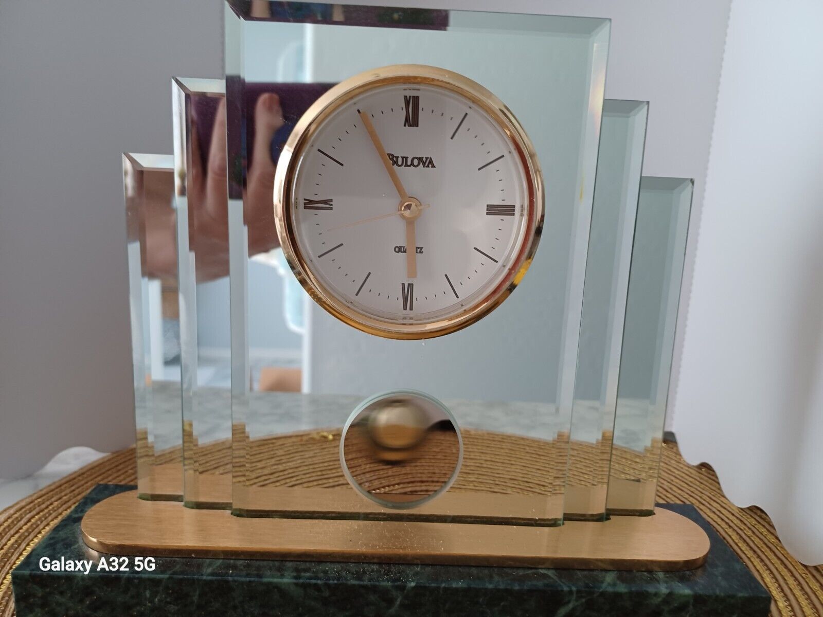VTG Bulova 3 Tier Glass Mirror Green Marble Base Pendulum Mantle Desk Clock 