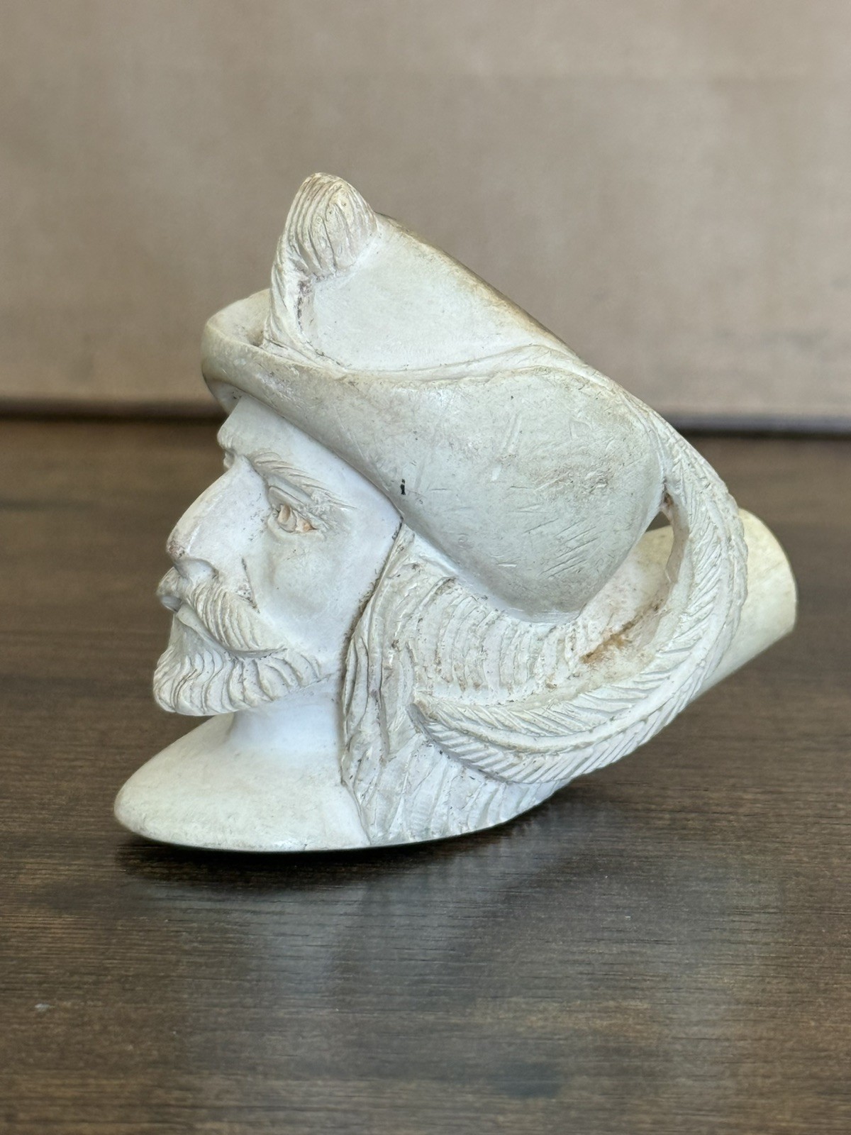 Meerschaum Carved Tobacco Pipe Pirate Head Cavalier Bearded Man with Feather Hat