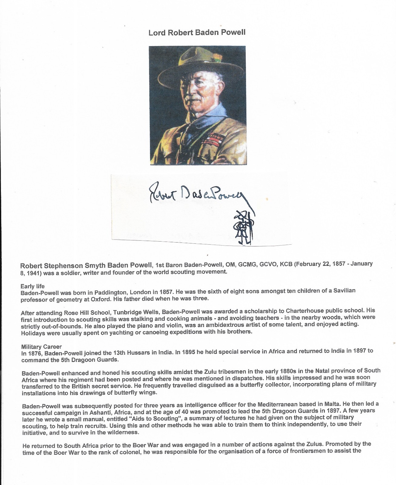 Lord Robert Baden Powell signature on Piece (59498)