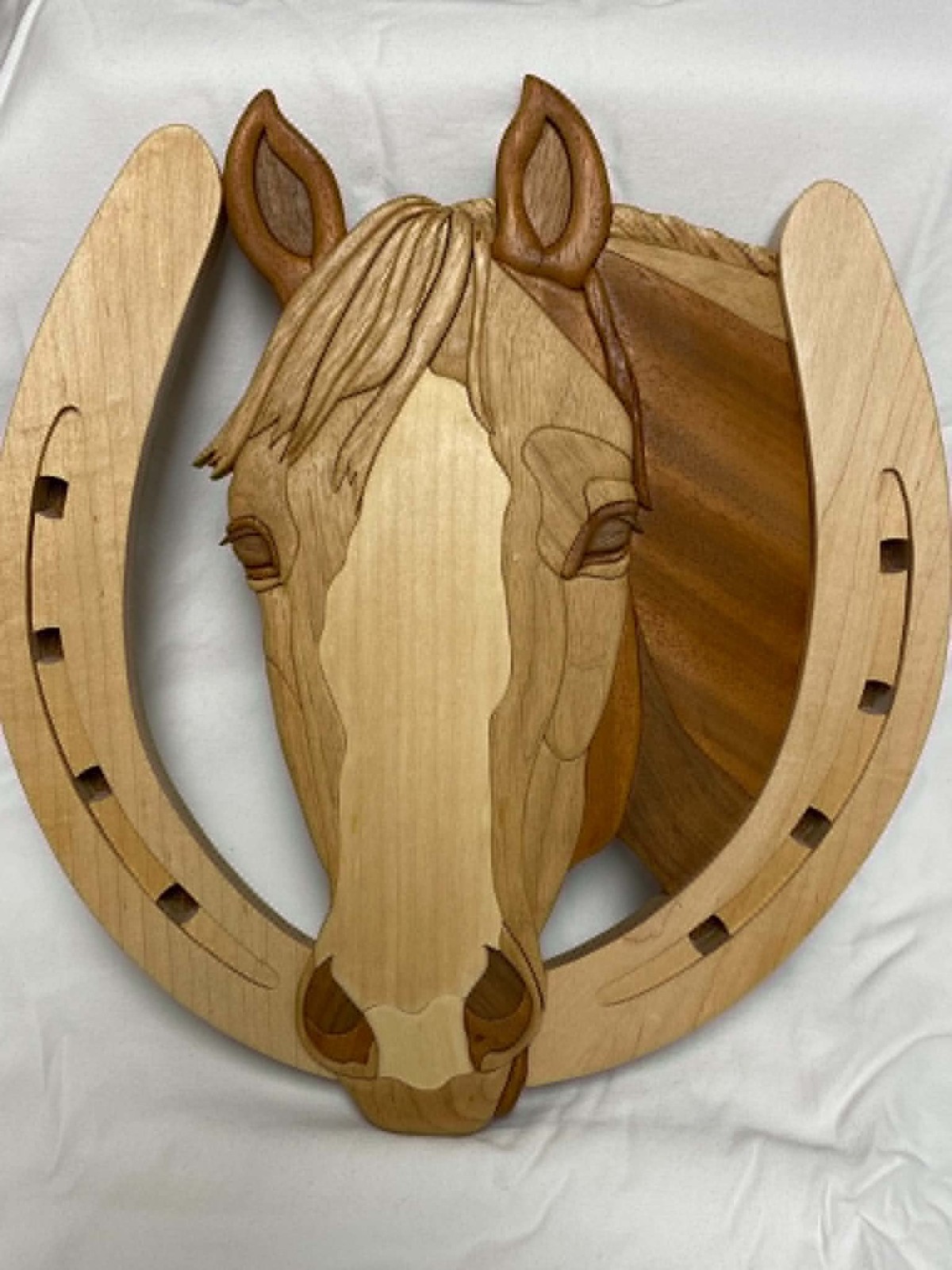 Intarsia Handcrafted Wood Horse and Horseshoe Wall Art
