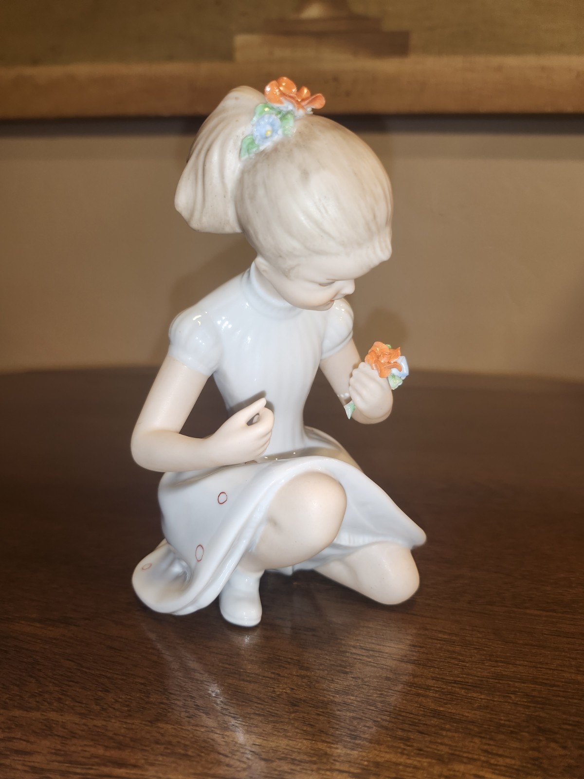 Rare Vintage Wallendorf Girl with Polka Dress and Flowers Figurine 1960s Rare Vintage Wallendorf Girl with Polka Dress and Flowers Figurine 1960s