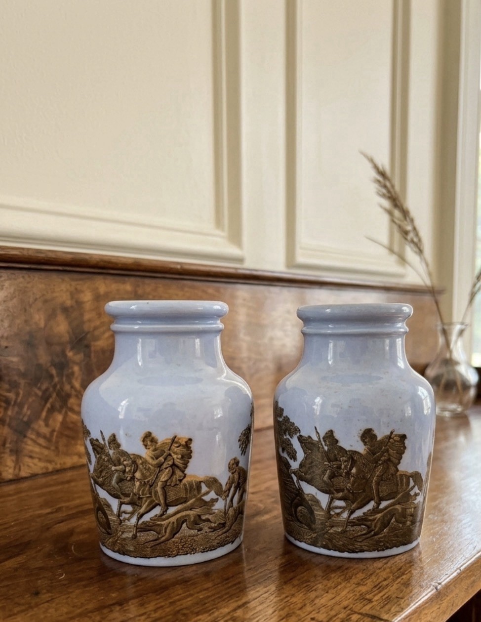 Antique English Prattware Pottery Blue Boar Hunt Scene Mustard Jars 1880