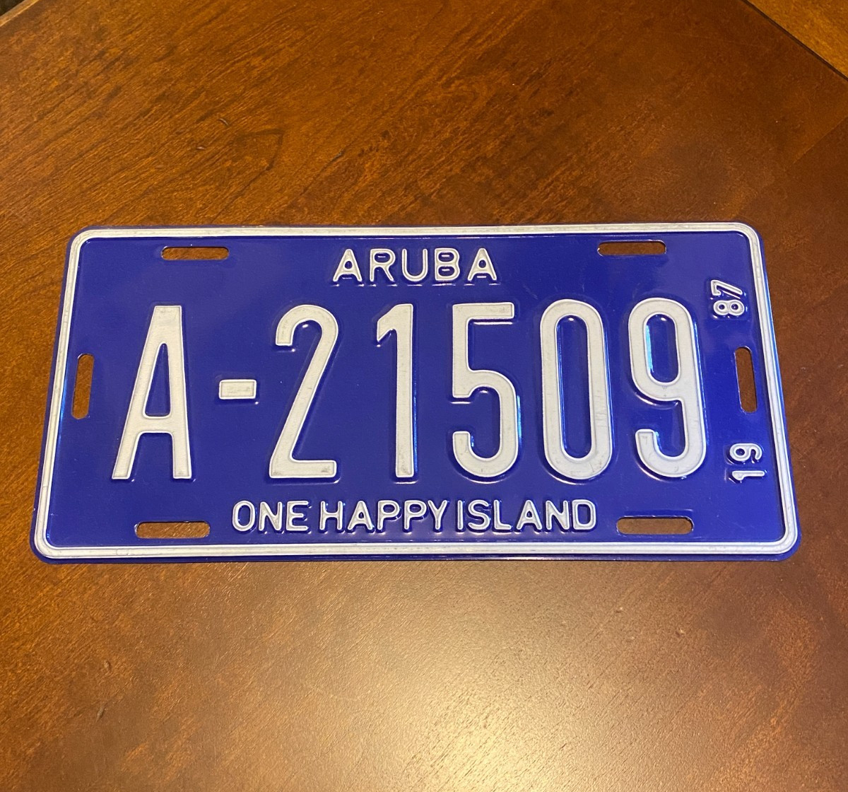 Vintage 1987 Aruba One Happy Island License Plate Tag A-21509 White on Blue