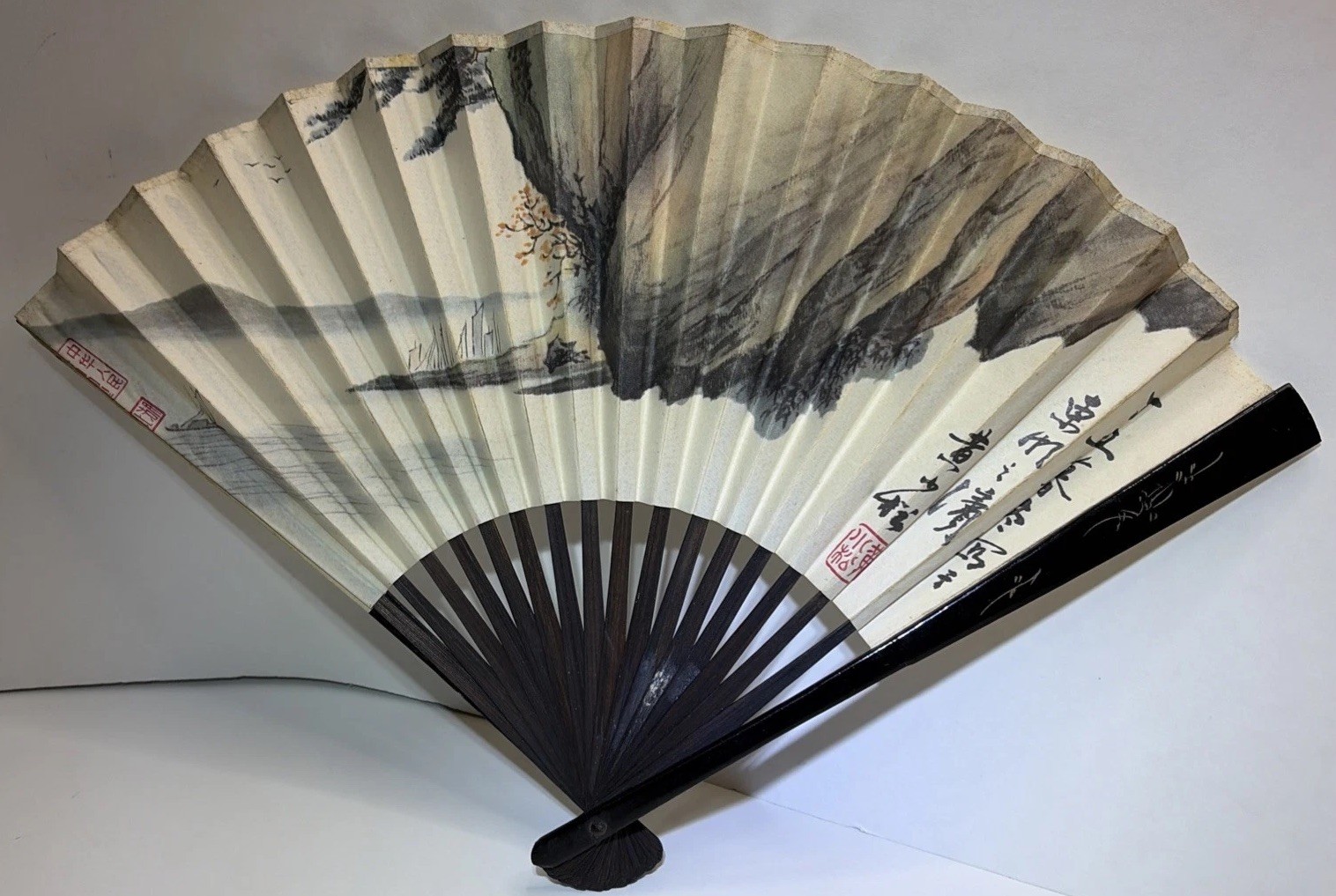 VTG Handmade Chinese Folding Fan, Two Sided, Landscape Painting and Calligraphy