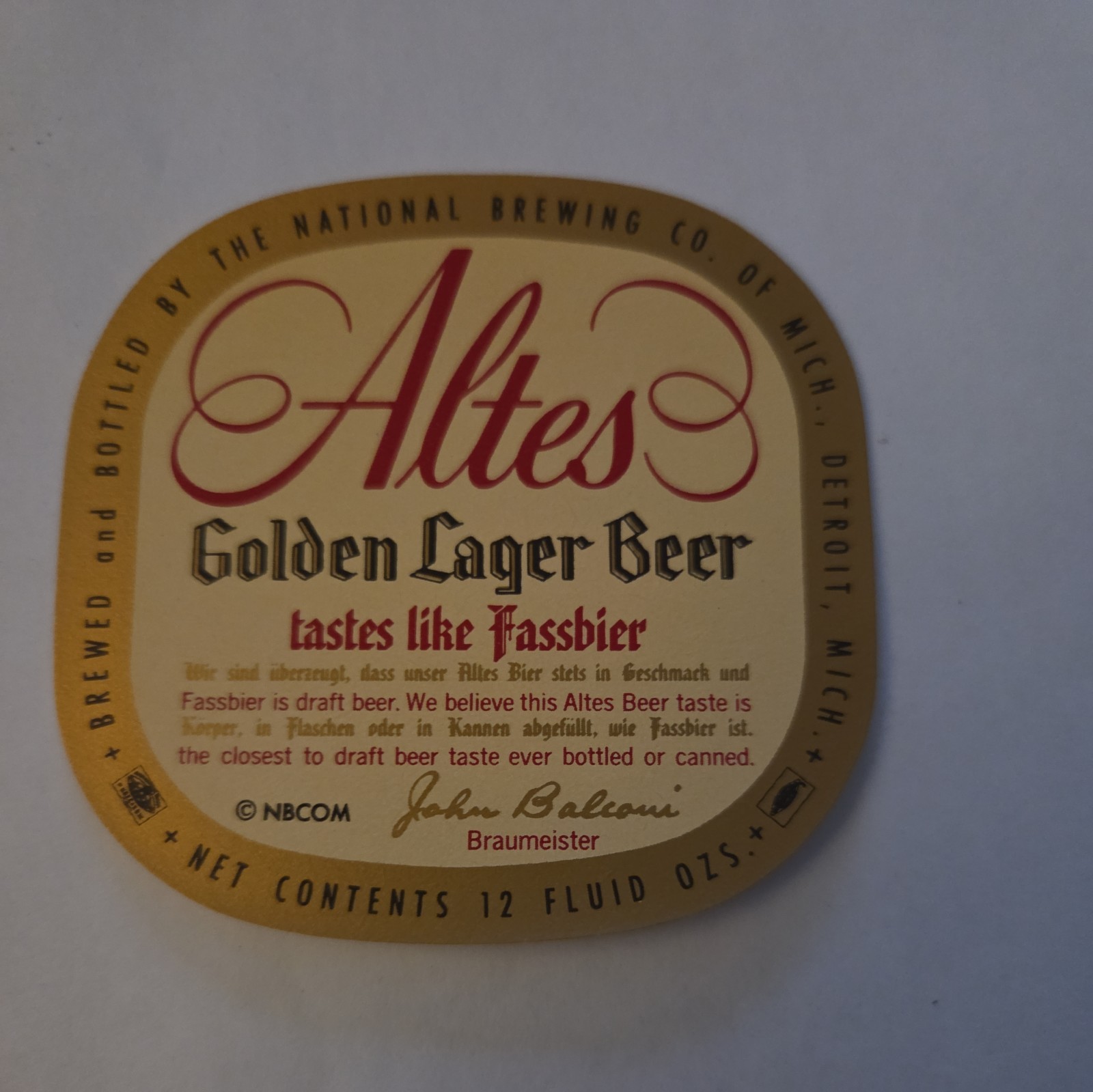 VINTAGE ALTES LAGER BEER 12 OZ BOTTLE LABEL NATIONAL BREWING CO DETROIT MICH