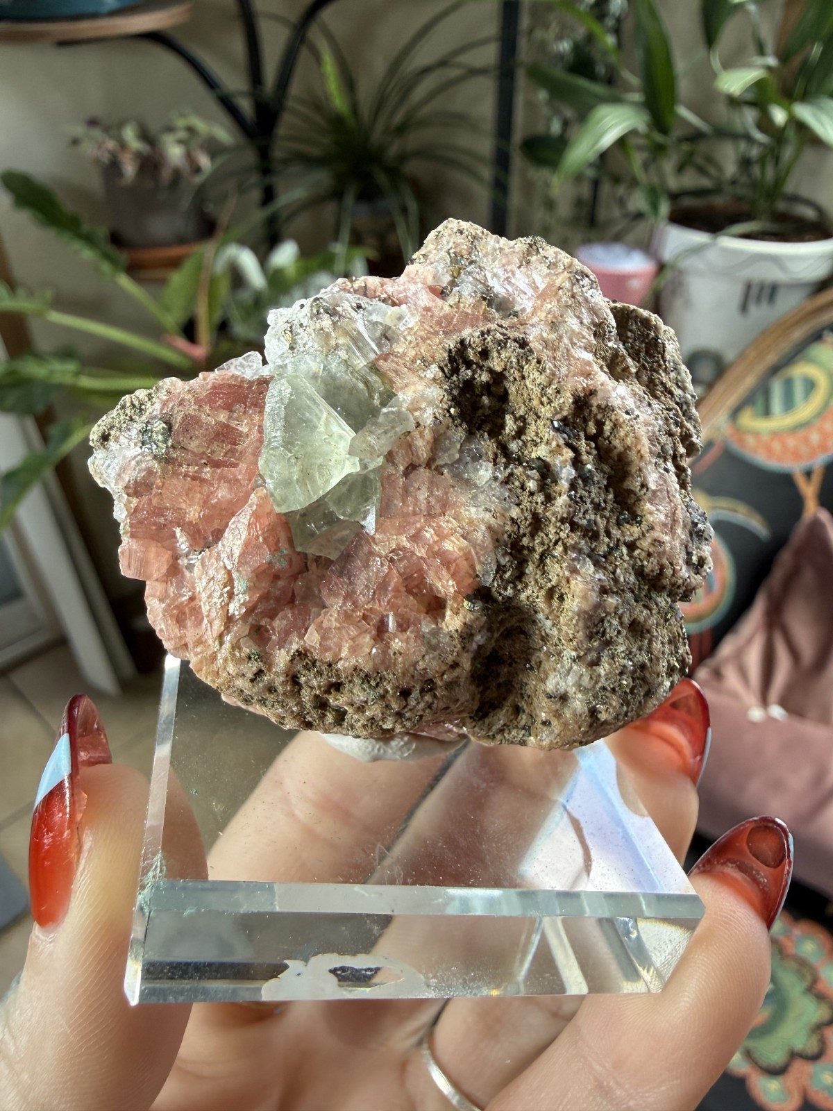 Rhodochrosite, Fluorite & Pyrite on Matrix (Includes Stand) – Peru – 4.8 oz