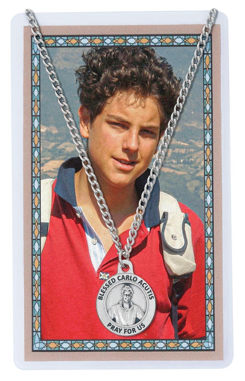 Carlo Acutis Medal with 24in Chain and Laminated Holy Card Set