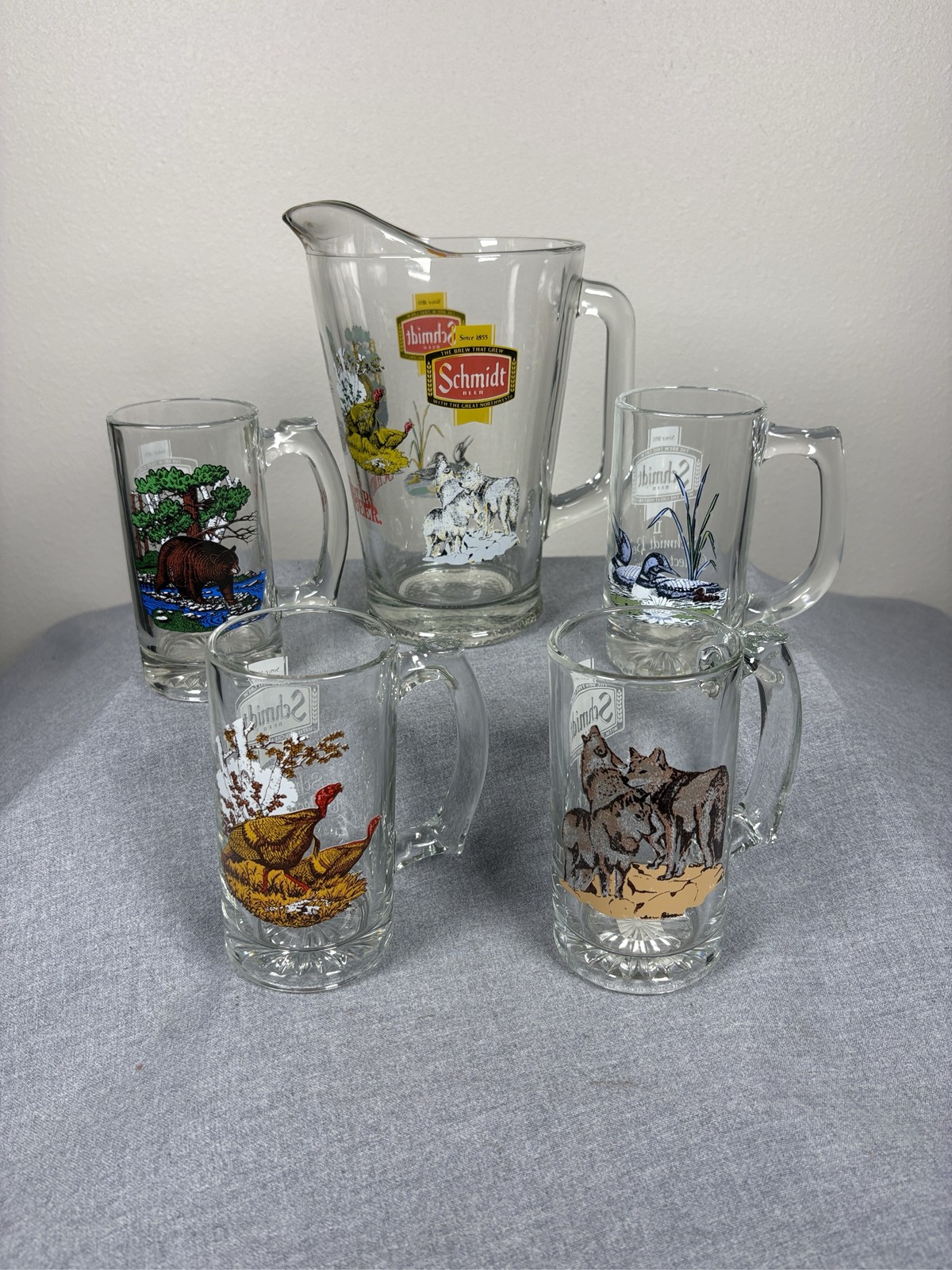 Rare VTG Schmidt Beer Collector Series 2 Wildlife Glass Pitcher and 4 Mugs Set