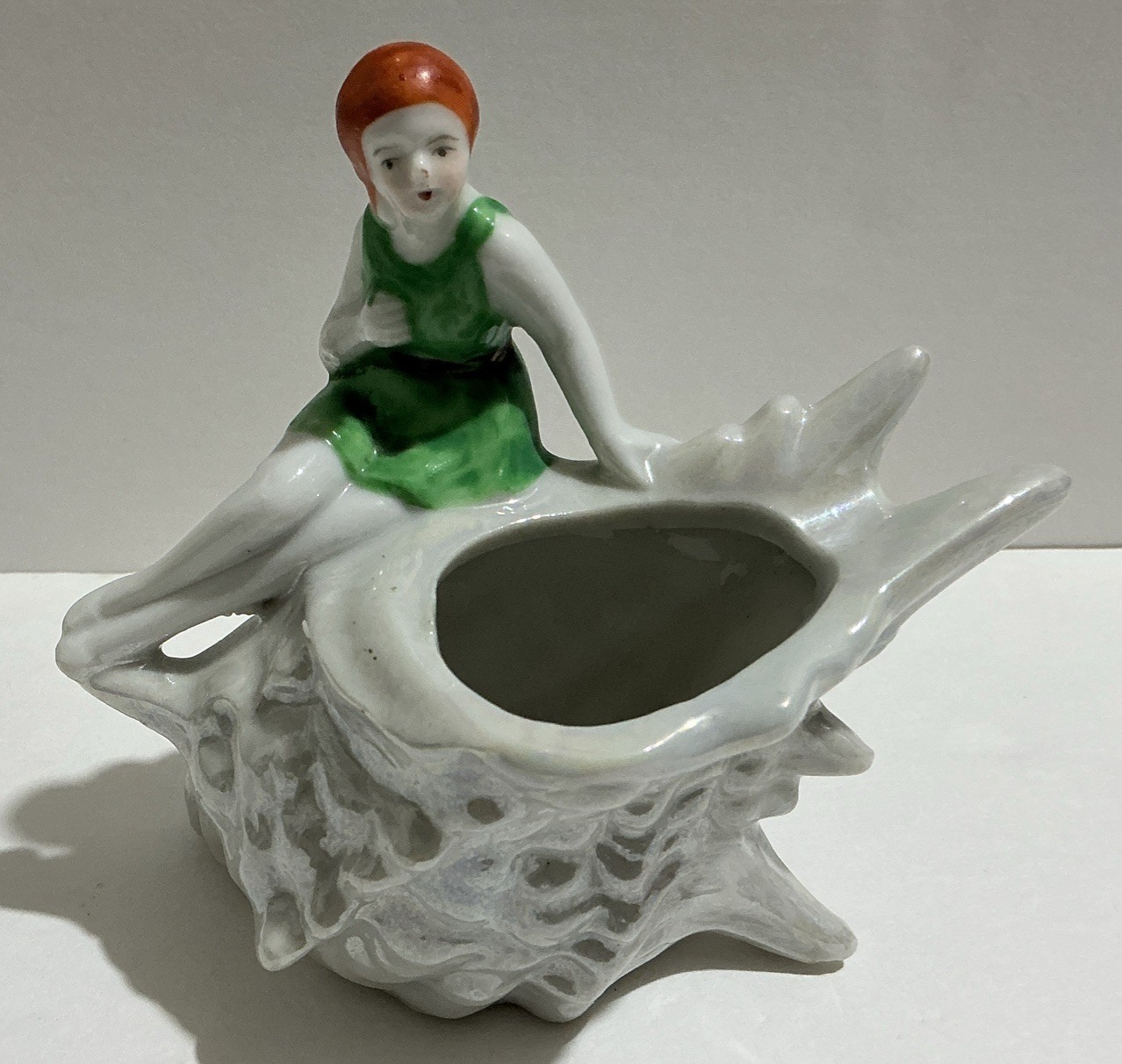 Vintage Japan Art Deco Flapper Bathing Beauty Green Swimsuit On Conch Shell Vintage Japan Art Deco Flapper Bathing Beauty Green Swimsuit On Conch Shell