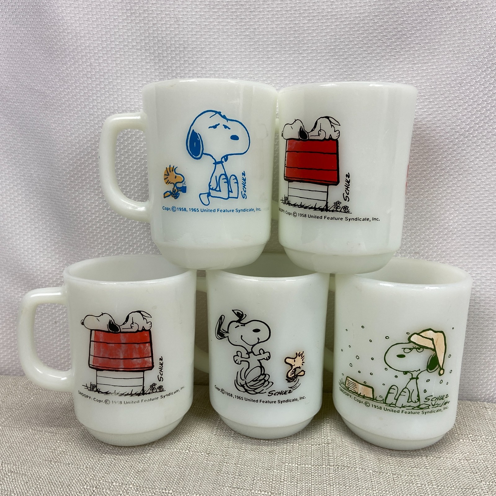 Vintage Fire King Snoopy Woodstock Mug Lot 5 Peanuts Milk Glass Anchor Hocking