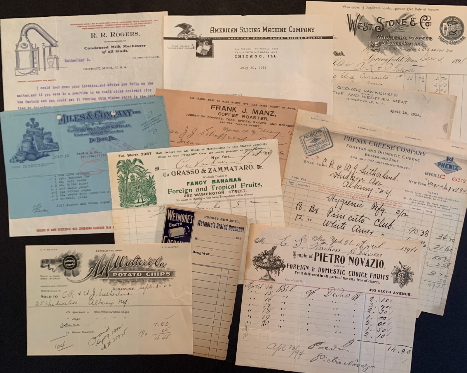 Lot of American Food Fruit Dairy Coffee Meat Cheese Bills & Ephemera 1890s-1930s