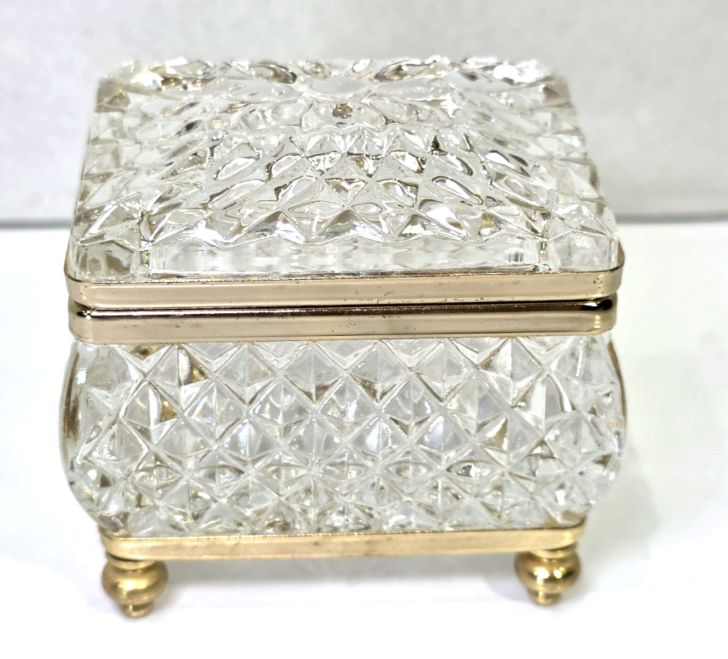 Vintage Crystal Casket Trinket Box Diamond-Cut Pattern Flower Top Brass Trim