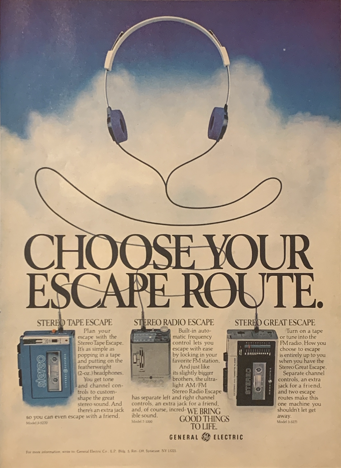 1981 GE Escape Personal Stereo Cassette PRINT AD Walkman Headphones VTG 1980s 1981 GE Escape Personal Stereo Cassette PRINT AD Walkman Headphones VTG 1980s