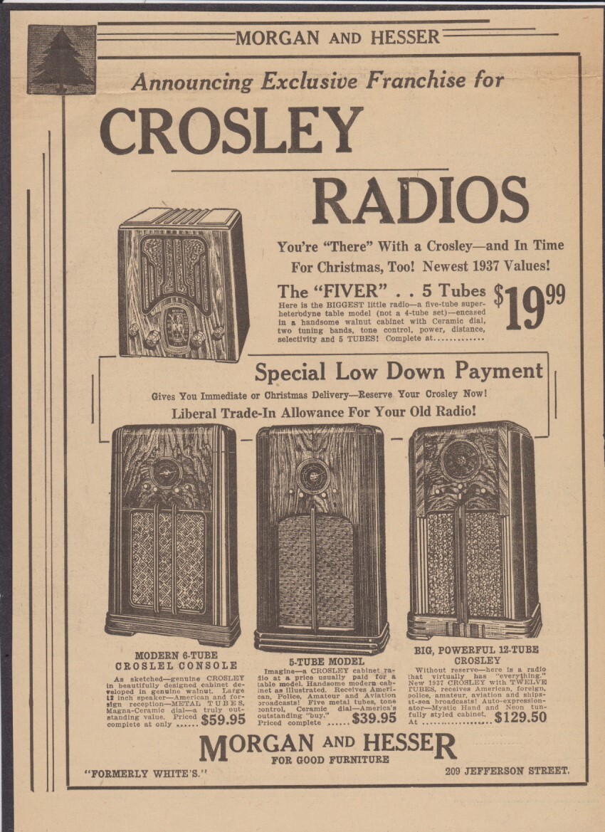 1937 Crosley Radio 4 Radio Models 5, 6 & 12 Tubes Shown - Burlington IA Newsp Ad