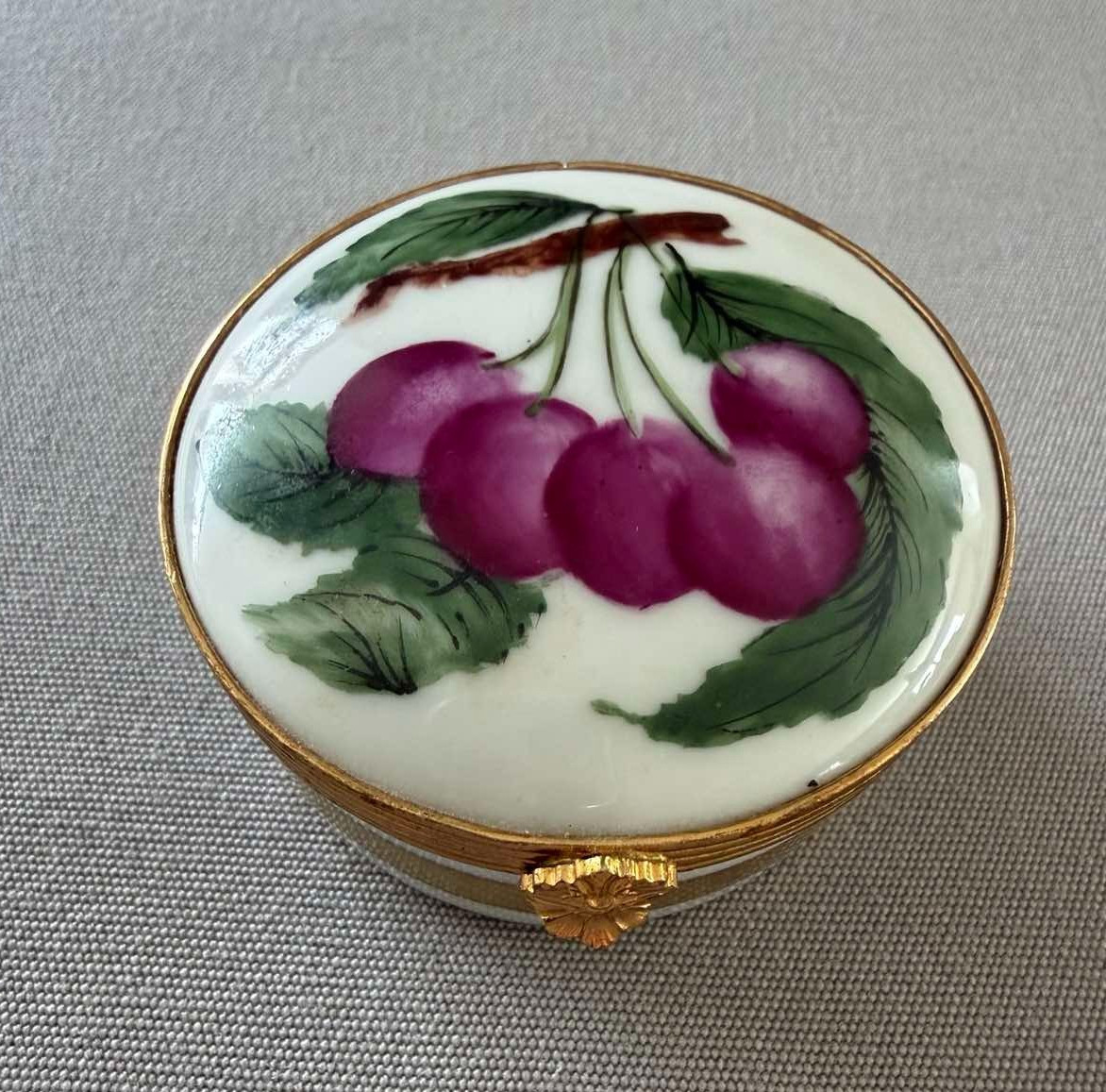 Beautiful Vintage Limoges France Cherries Paint Mein Trinket Box
