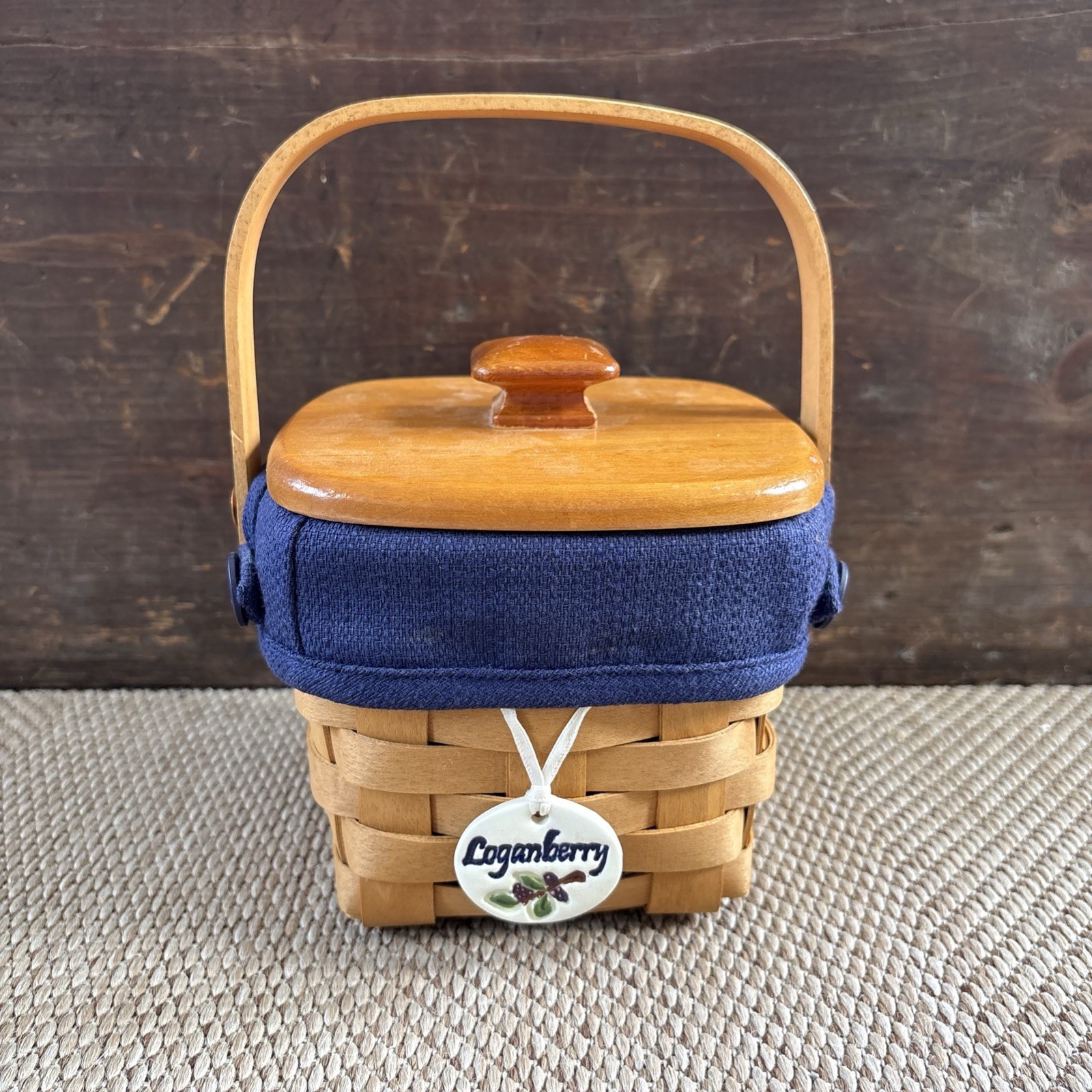 Longaberger 2003 Loganberry Basket With Handle, Liner, & Protector Lid & Tie-On Longaberger 2003 Loganberry Basket With Handle, Liner, & Protector Lid & Tie-On