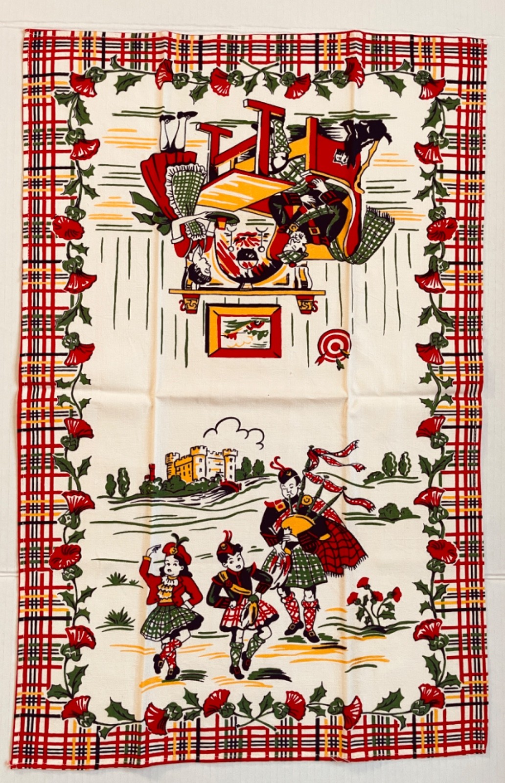 Vintage Kitchen Tea Towel SCOTTISH Plaid Thistle Theme Bagpipes Dancers Scotland