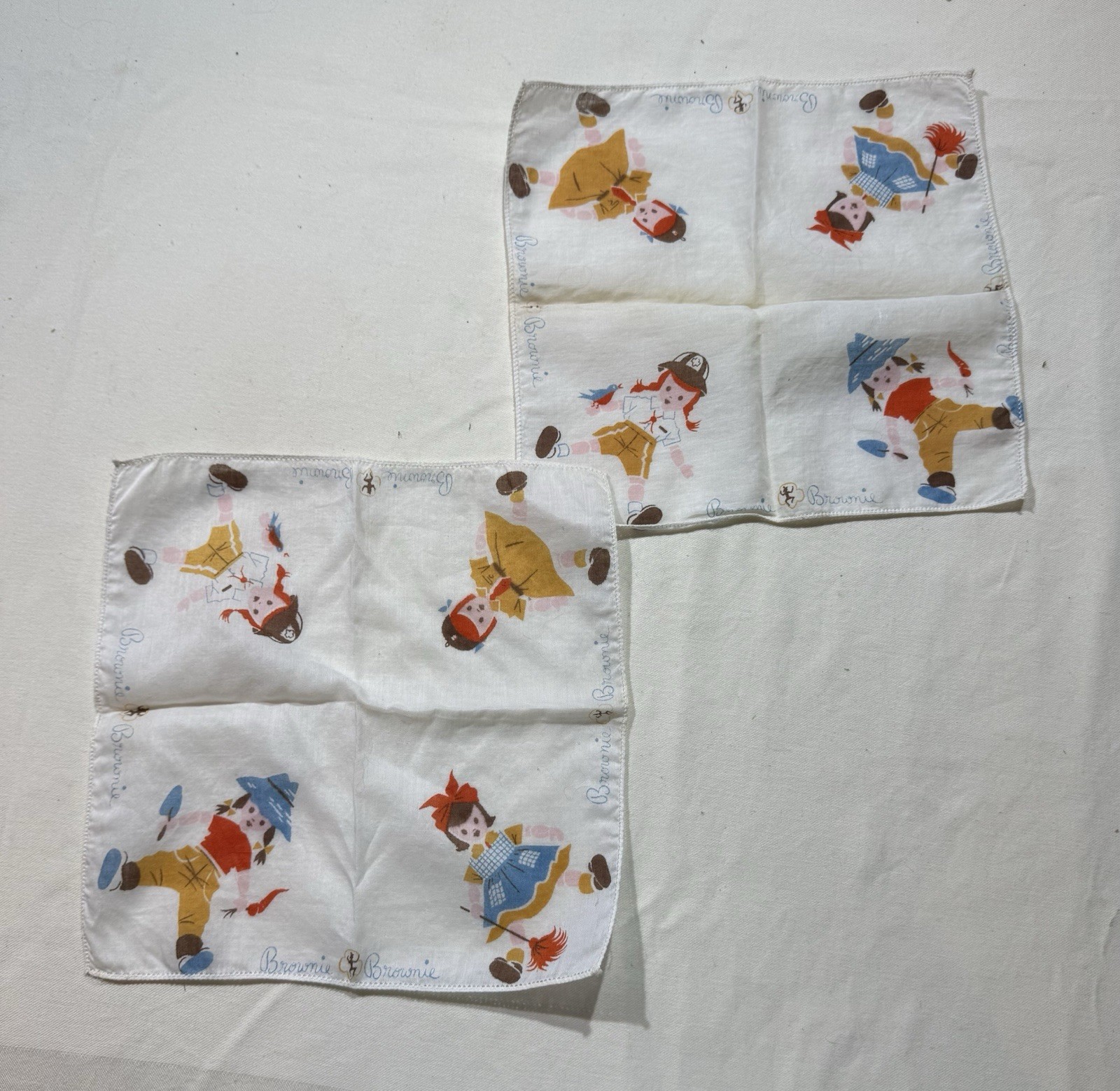 Vintage BROWNIE / GIRL SCOUT Square Cotton HANDKERCHIEFS Early 1960's