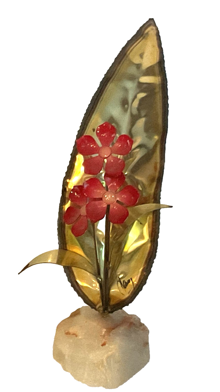 MCM VTG Mario Jason Signed 8”  Flower Brass Metal Leaf Brutalist Sculpture