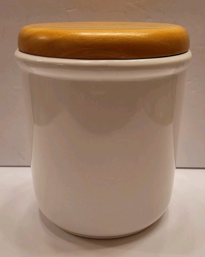 Vintage White w/ Wood Lid Ceramic Canister Cottage 