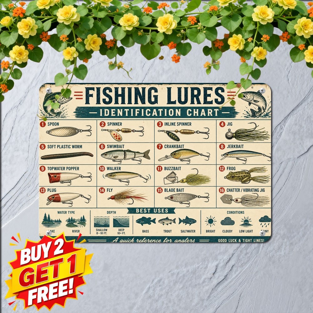 Vintage Fishing Lures Identification Chart Tin Sign Retro Cabin Wall Decor