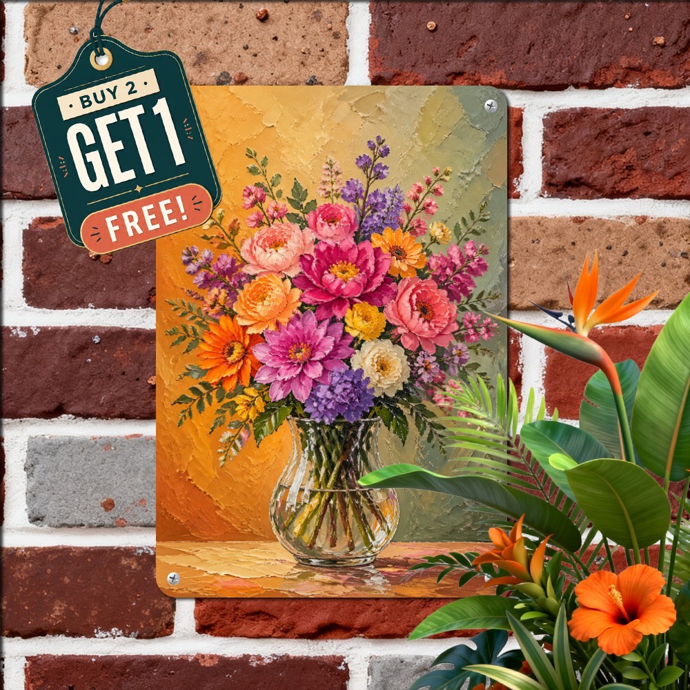 Impasto Floral Vase Oil Painting Sign Textured Blossom Tin Metal Wall Plaque