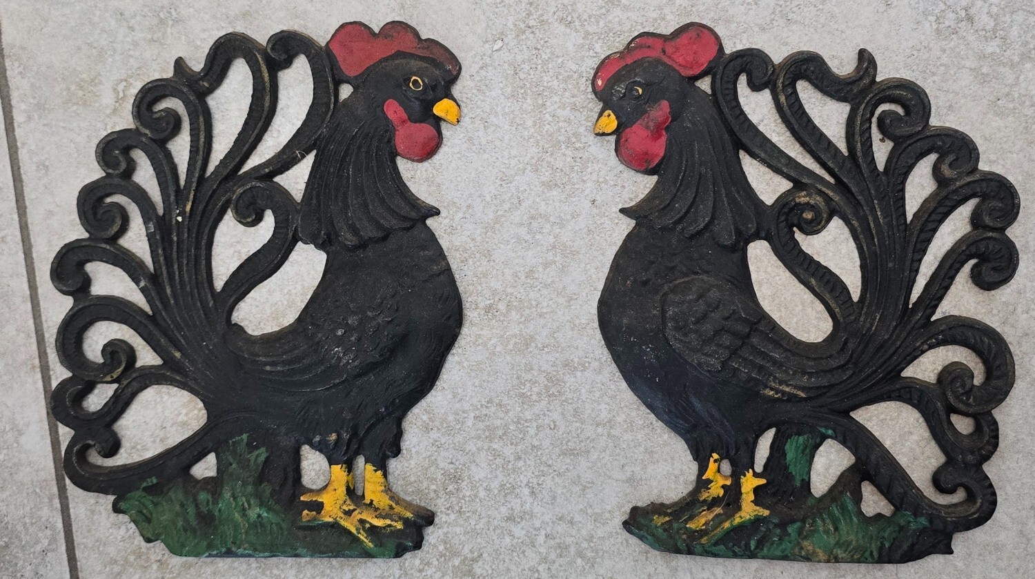 Set Of Two Vintage Painted Cast Iron Roosters