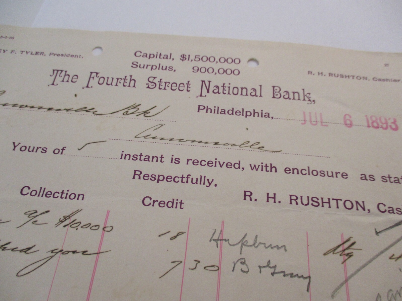1893 FOURTH STREET NATIONAL BANK PHILADELPHIA DOCUMENT HANDWRITTEN LEDGER NOTES
