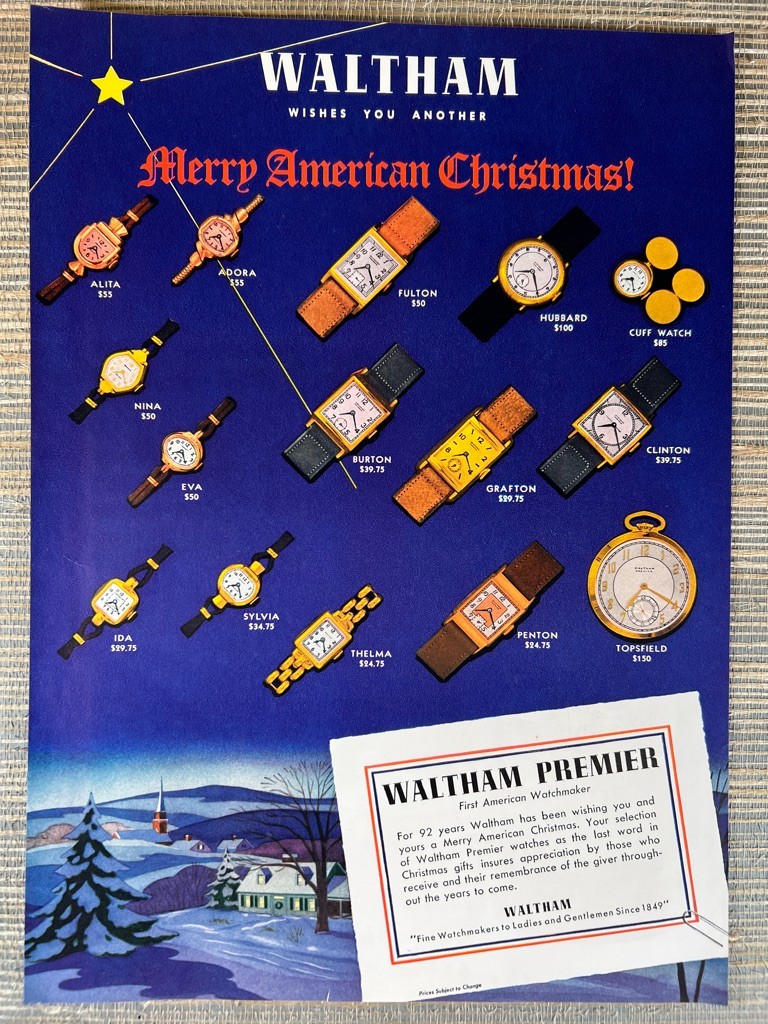 Waltham Premier Watches Merry Christmas Gift 1941 Vintage Print Ad