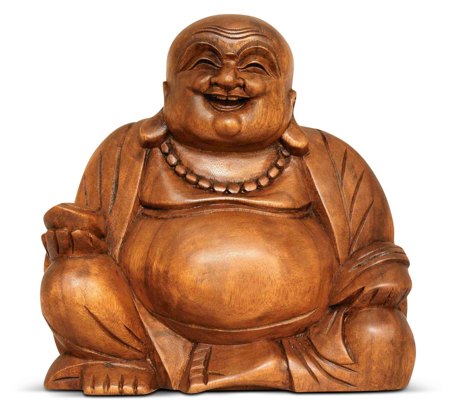 Wooden Laughing Buddha Statue Figurine Hand Carved Happy Lucky Prosperity Decor