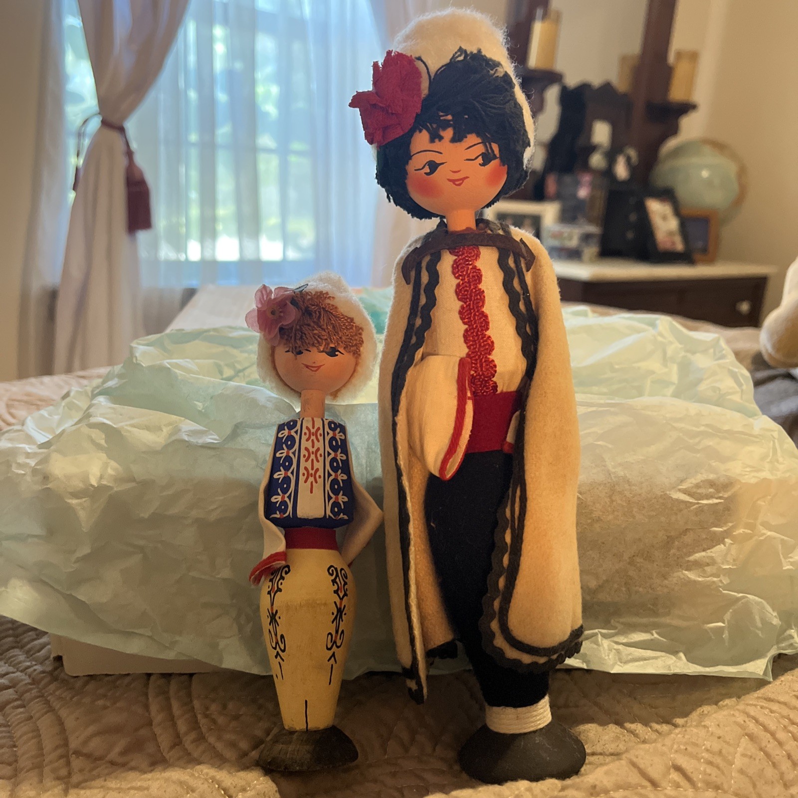 Vintage Wood & Cloth Bulgarian Folk Art Dolls w/Hidden Rose Oil Vial