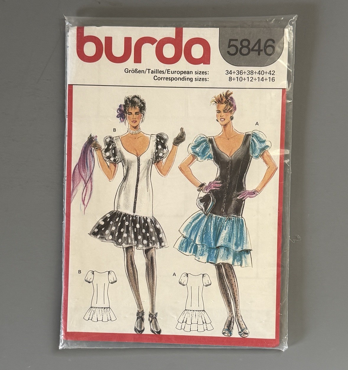 Vintage 1980s German BURDA Sewing Pattern 5846 Drop Waist DRESS New Sz 8-16 Vintage 1980s German BURDA Sewing Pattern 5846 Drop Waist DRESS New Sz 8-16