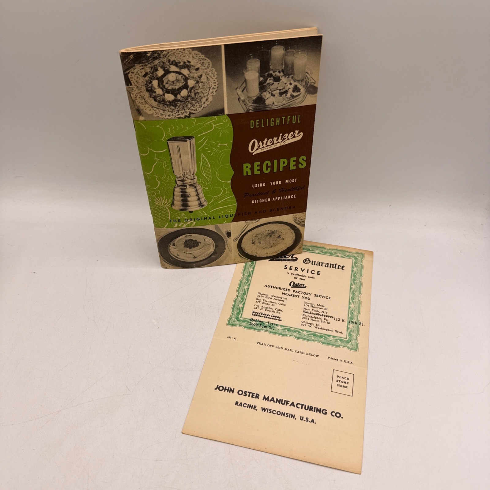 Oster Osterizer Recipe Booklet 1949 Vintage Kitchen Manual Green Flyer Included