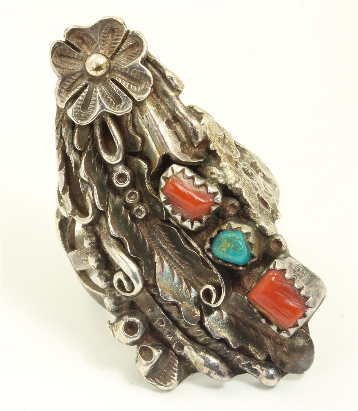 Vintage Navajo Sterling Silver Large Old Pawn Turquoise Red Coral Blossom Ring