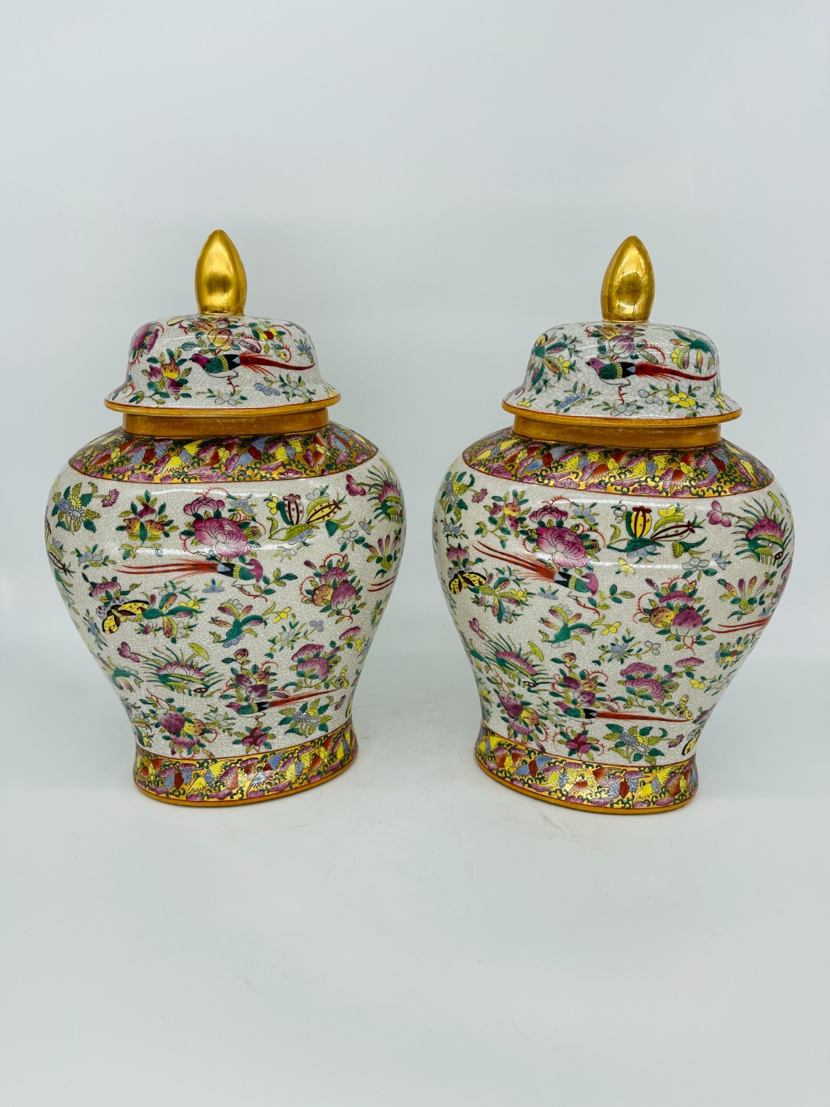 Vintage Pair Asian Chinoiserie Bird Pink Temple Ginger Jars Vintage Pair Asian Chinoiserie Bird Pink Temple Ginger Jars