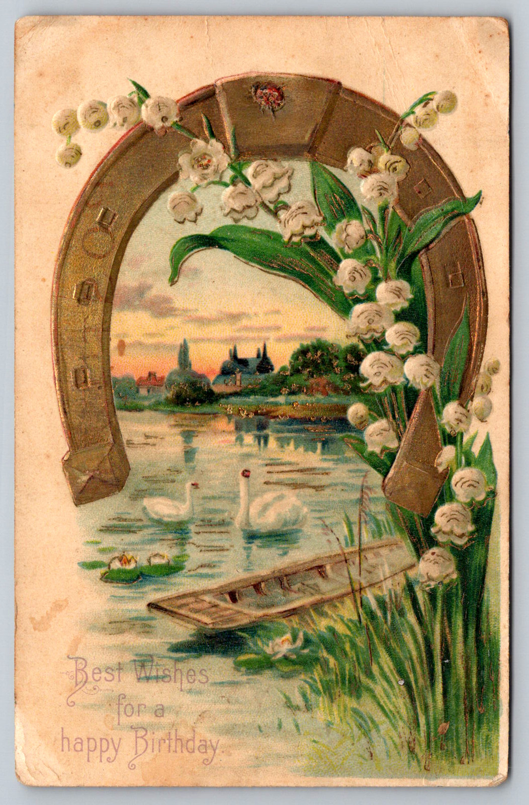 c1900s Happy Birthday Swans Horseshoe Flowers Germany Embossed Antique Postcard c1900s Happy Birthday Swans Horseshoe Flowers Germany Embossed Antique Postcard