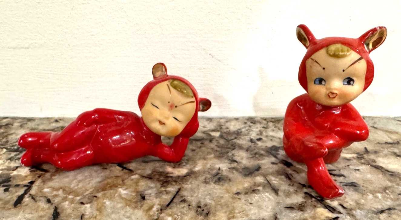 VINTAGE 1950s Red DEVIL Pixie ELF Figurines (Set of 2) Ceramic Japan MCM VINTAGE 1950s Red DEVIL Pixie ELF Figurines (Set of 2) Ceramic Japan MCM