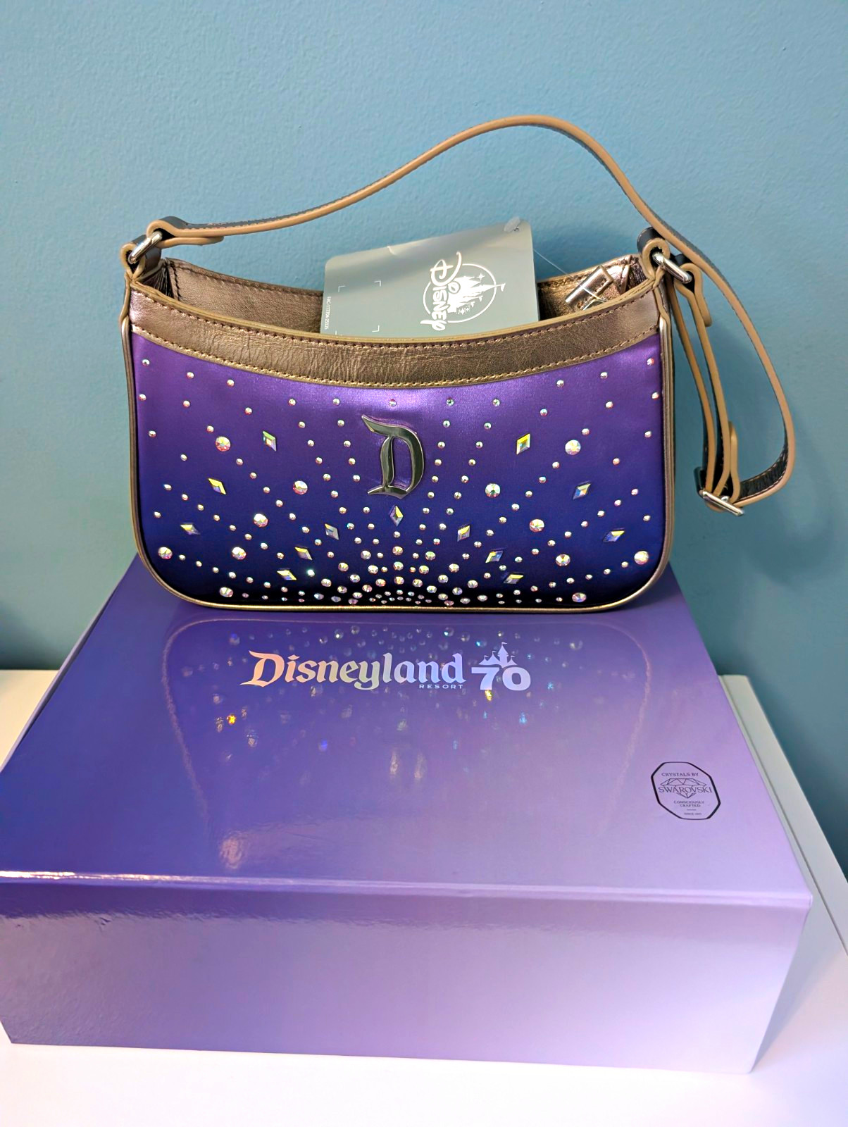 Disneyland 70th Swarovski Crystal Studded Small Shoulder Bag Purse Purple/Silver