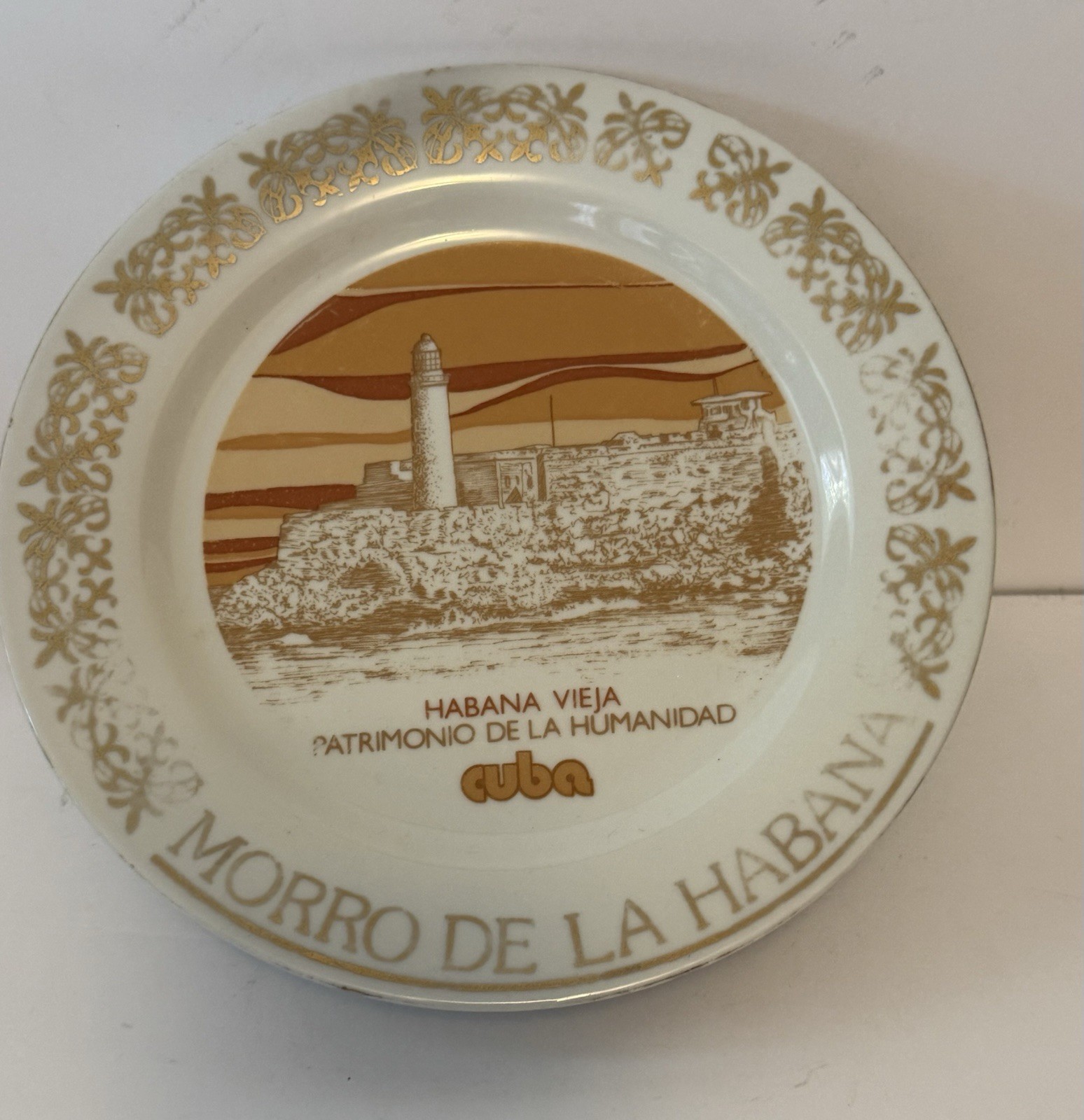 Vintage Cuba Souvenir Plate Morro de La Habana Old Havana Gold Brown Decor