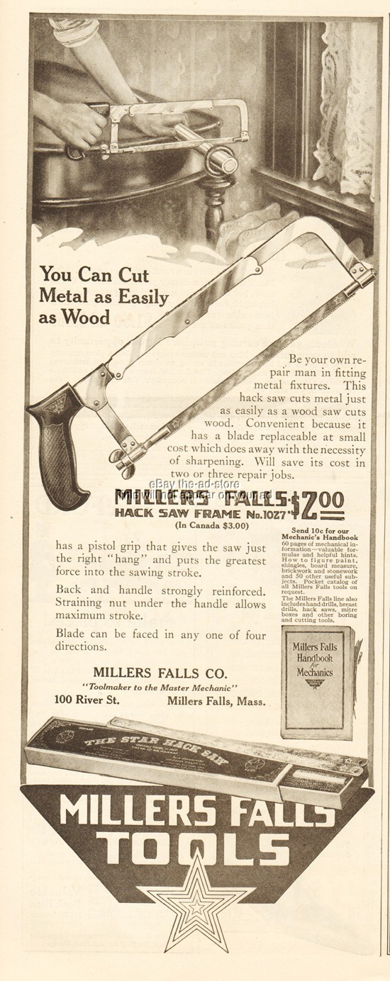 1919 Millers Hack Saw Frame No 1027 Vintage Print Ad Erving MA
