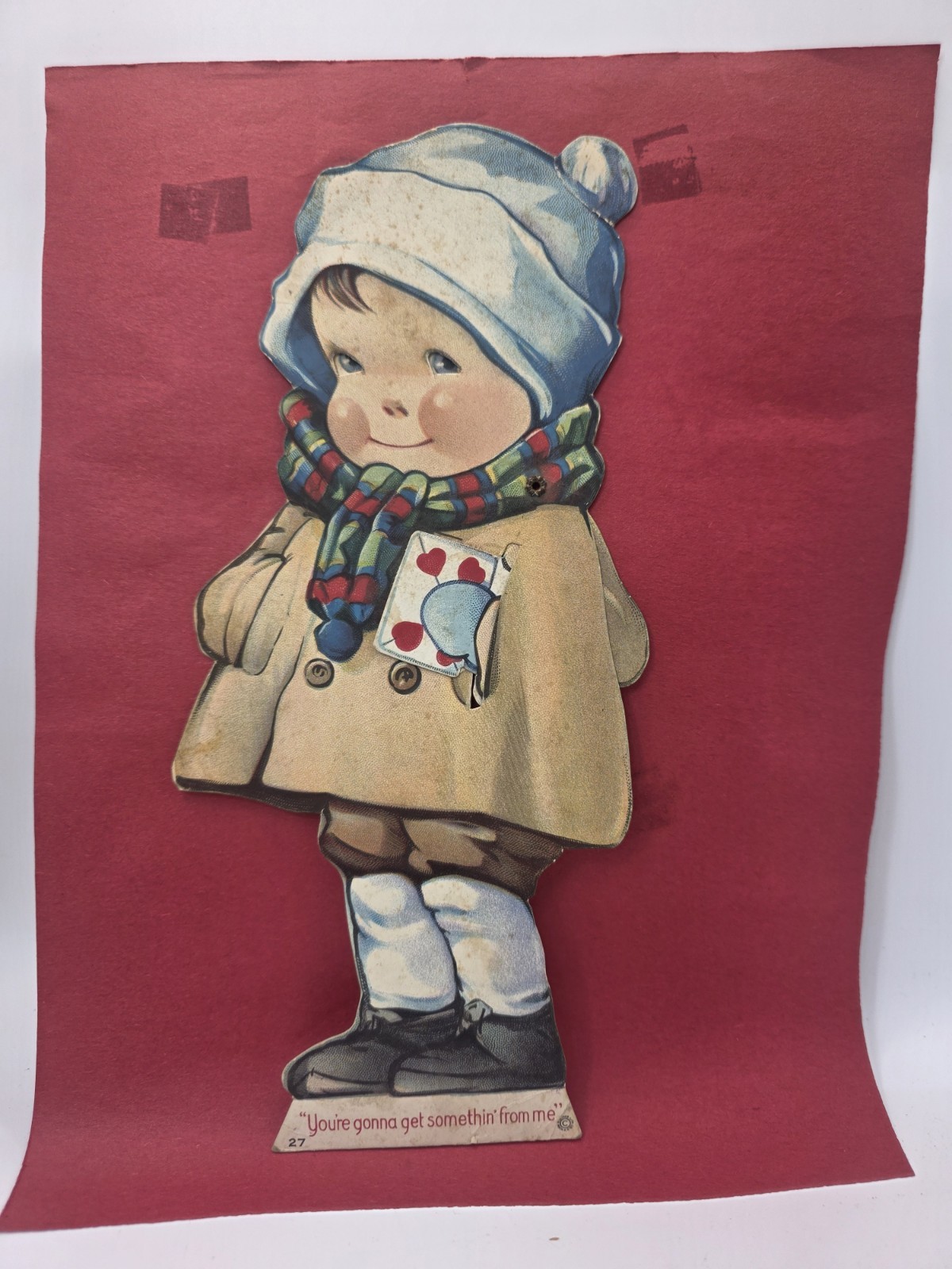 Vintage 1930s Mechanical Die Cut Valentine Card Child Winter Coat Scarf Hearts
