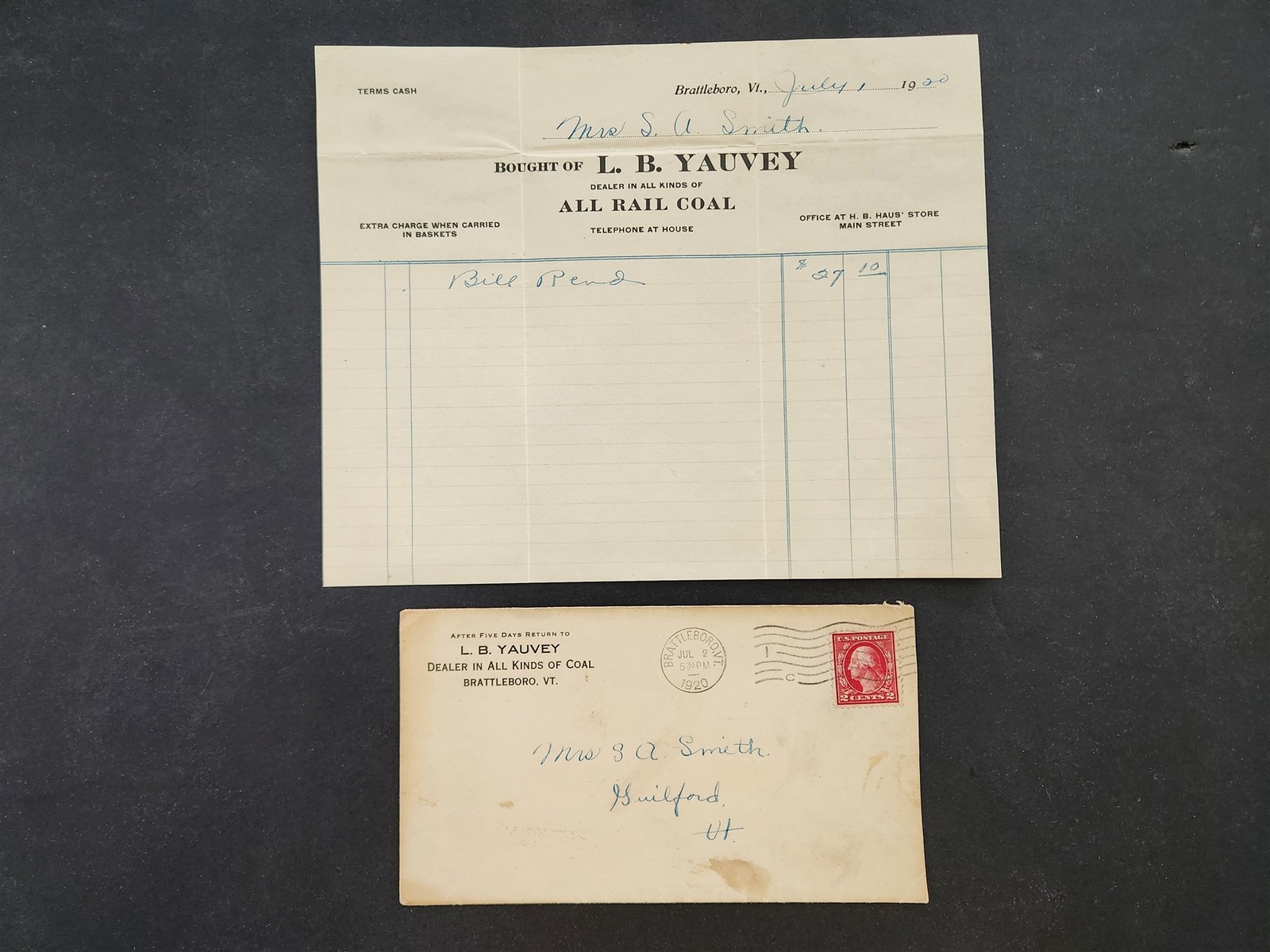 1920 antique L B YAUVEY brattleboro vt BILLHEAD ENVELOPE coal dealer
