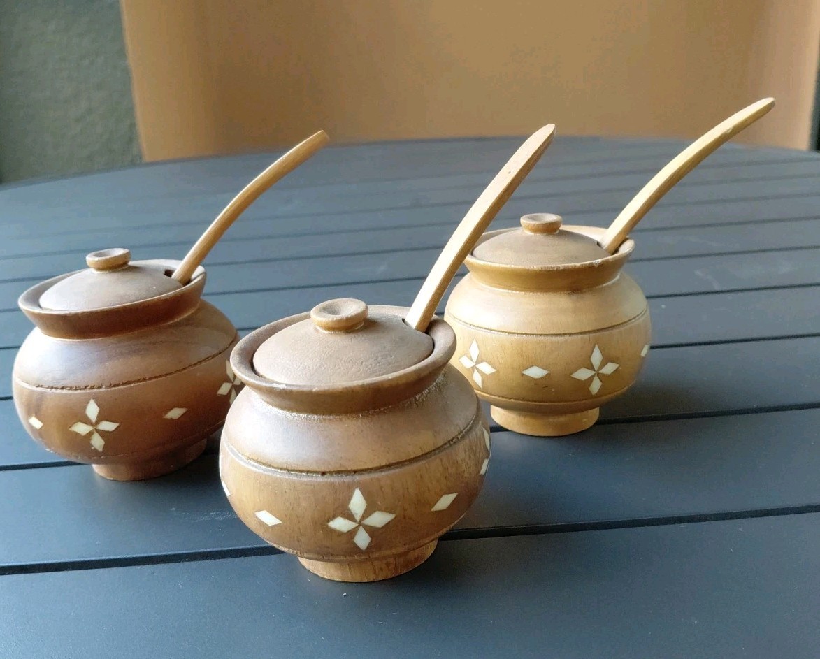 3 Vtg Handcrafted Wood w Inlay Salt Cellar Sugar Bowl Honey Jar w/Lid and Spoon 3 Vtg Handcrafted Wood w Inlay Salt Cellar Sugar Bowl Honey Jar w/Lid and Spoon