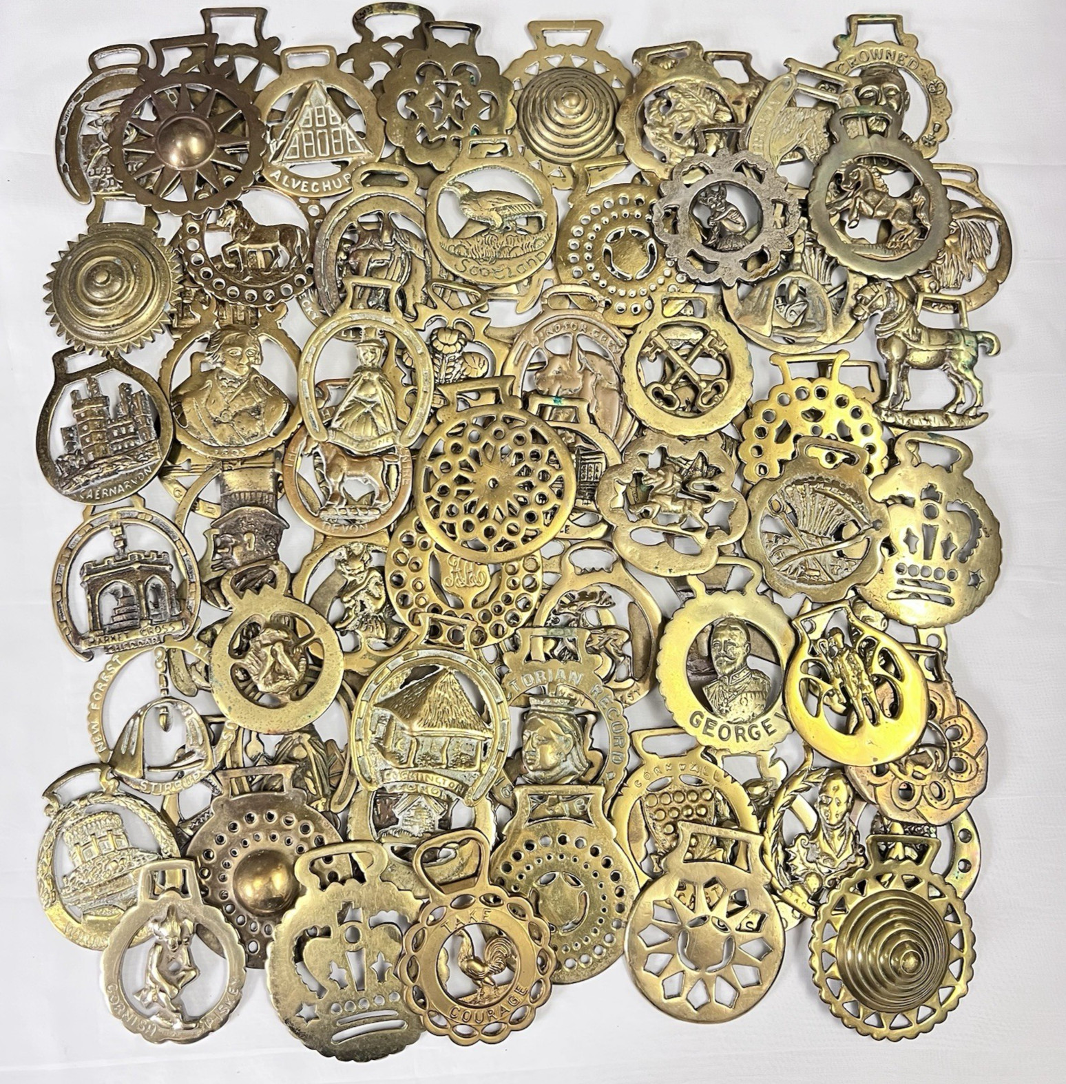 Brass Horse Medallion Lot of 75 Vintage Royal Souvenir Queen Rooster Wheat Lion