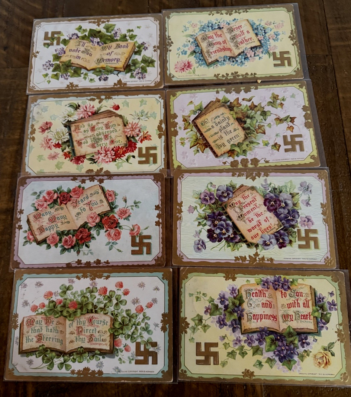 Lot of 8 Good Luck~Swastika Symbols~Antique  1908 Greetings Postcards~s973
