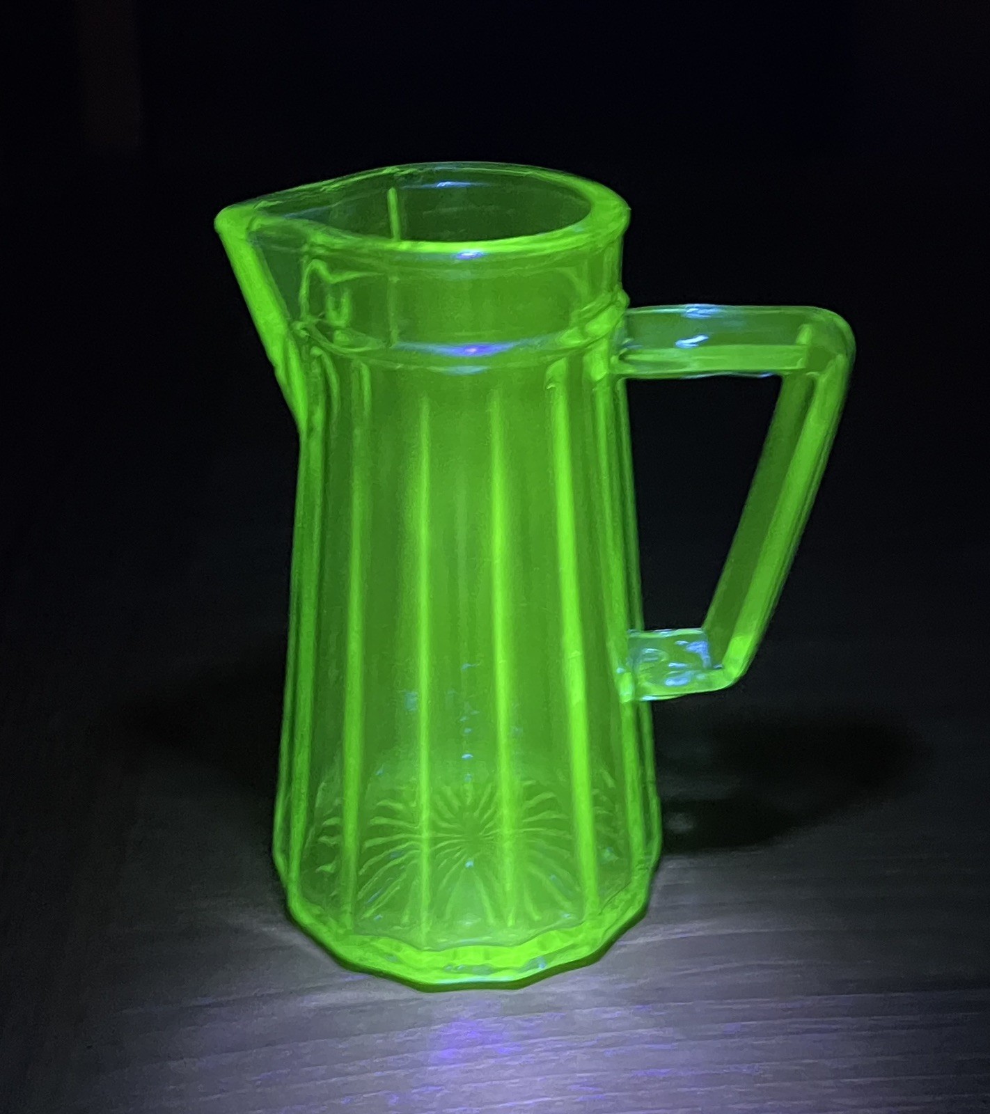 Antique Paden City URANIUM GLASS Syrup Pitcher Creamer Glows Green